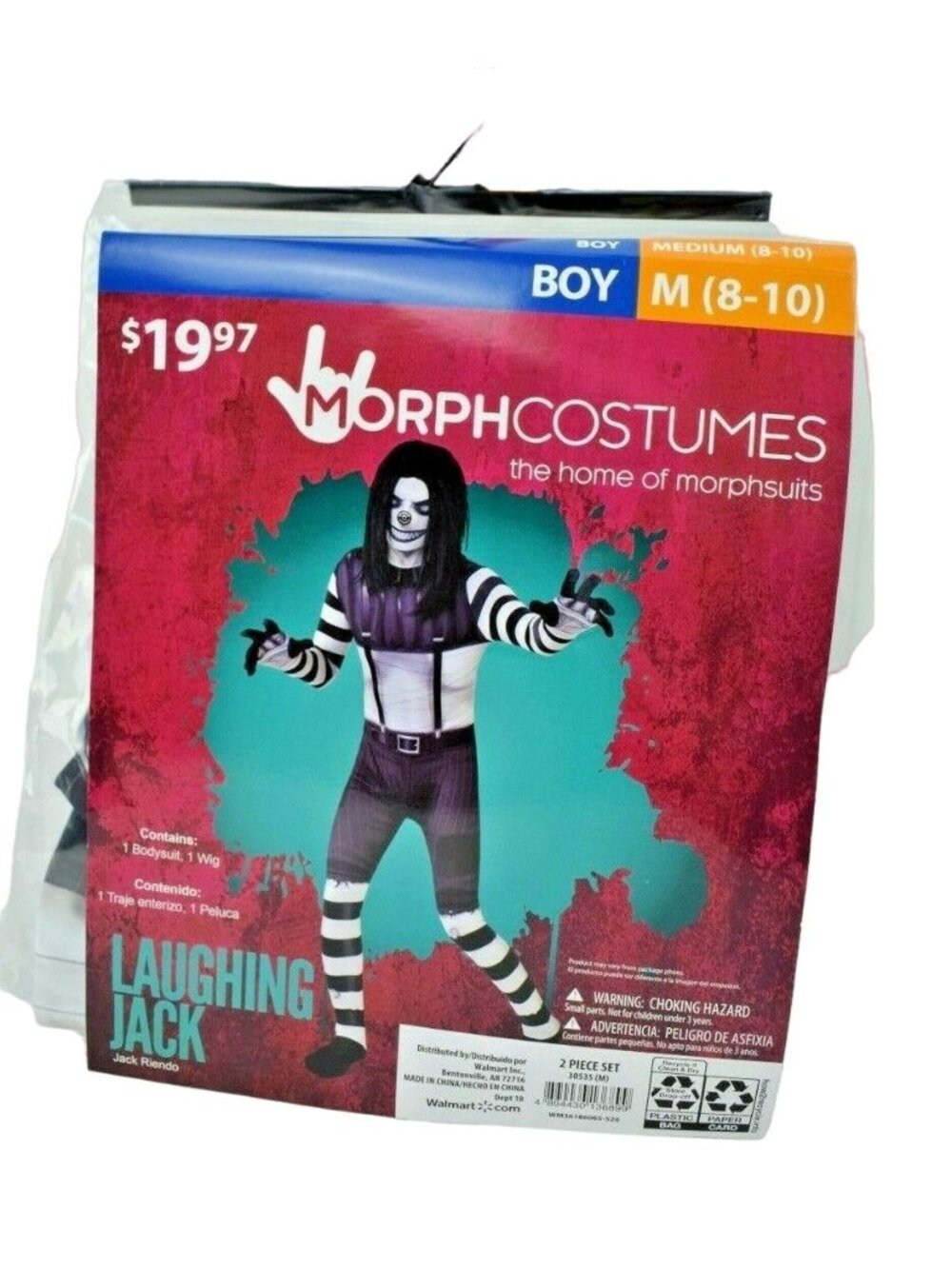 MorphCostumes Laughing Jack Boys Medium 8 10 Costume Bodysuit Wig Halloween New